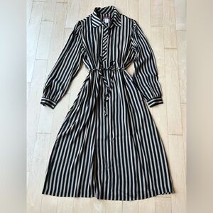 Vintage 70/80s Puccini Striped Midi Shirtdress in Beige/Black Long Sleeves Sz 12